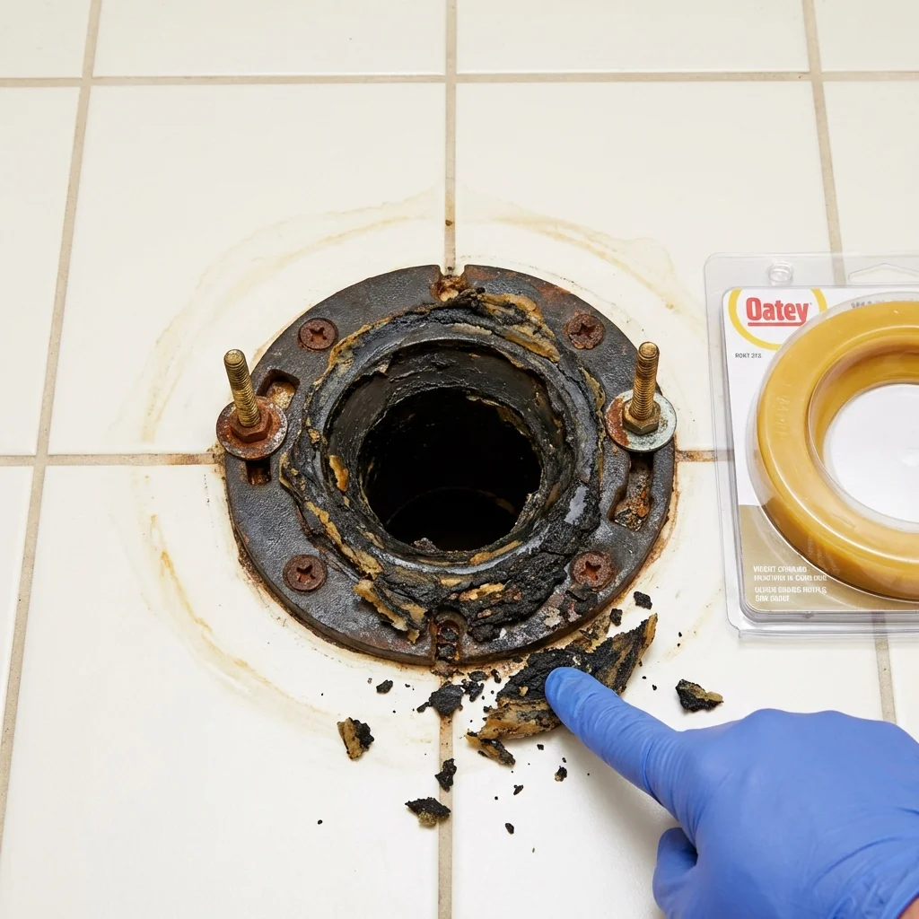Failed wax ring showing water seepage at the base of a toilet in a Richfield, WI home