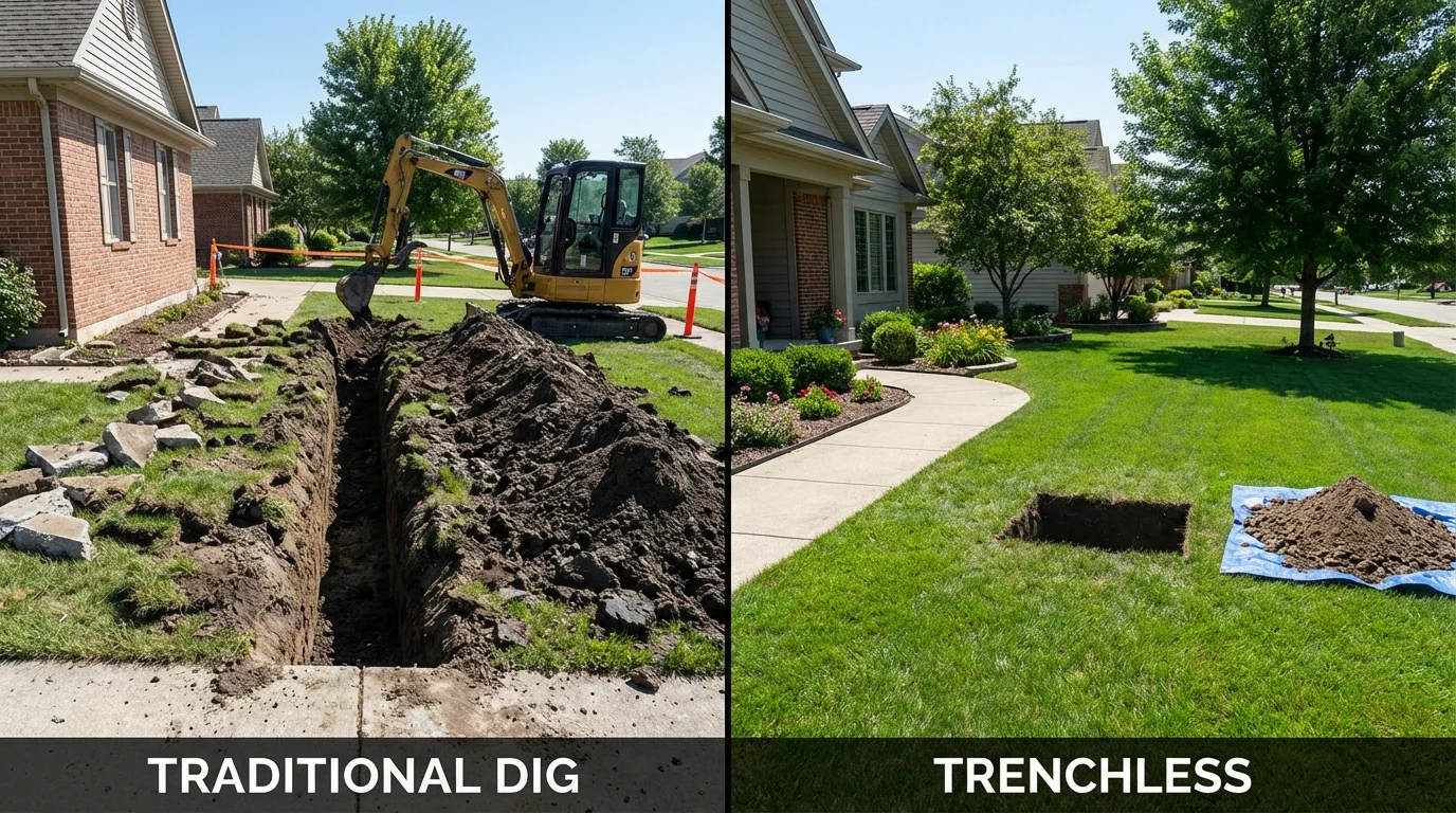 Trenchless sewer repair with minimal yard damage versus traditional excavation in Richfield, WI