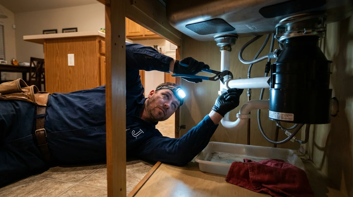 P-trap and supply line connections under a kitchen sink showing a common leak point in Richfield, WI
